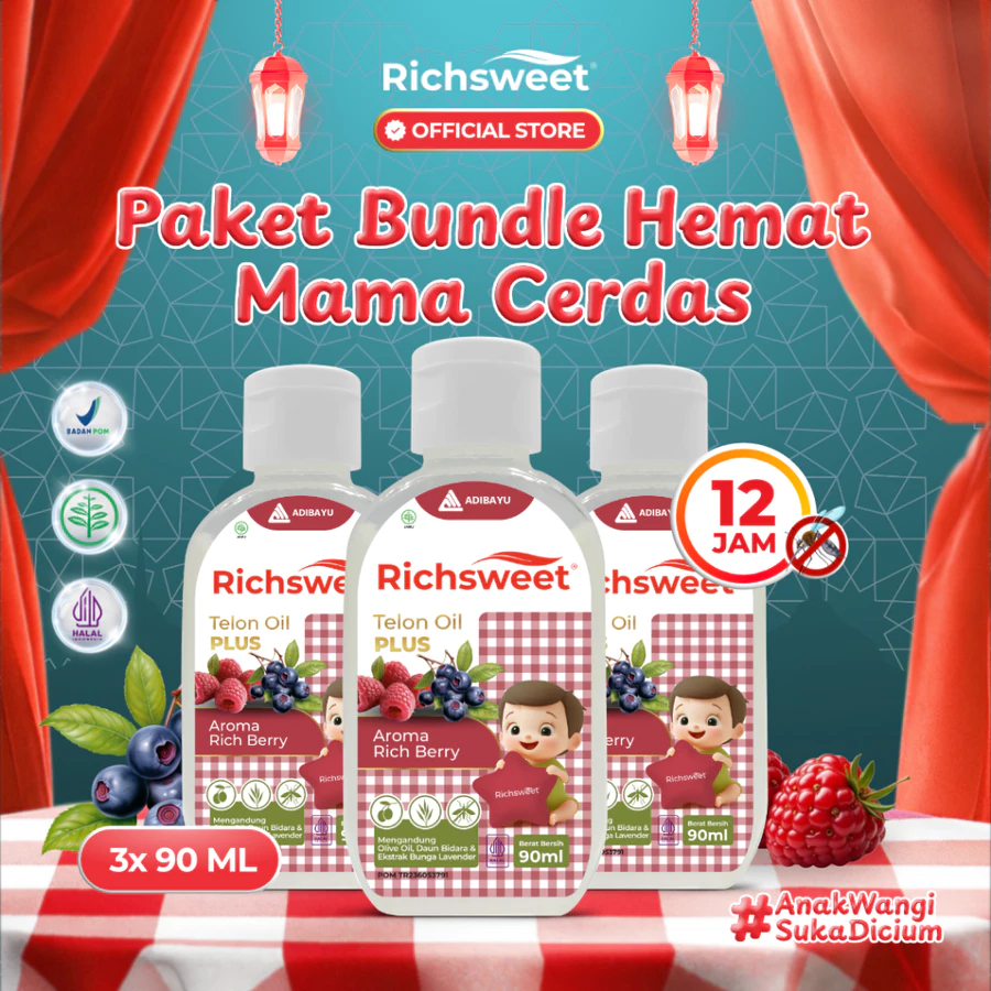 Richsweet Minyak Telon Plus Aroma Rich Bery 90ml [3 BOTOL] | Perlindungan sampai 12 Jam Anti Nyamuk + Ekstrak Daun Bidara
