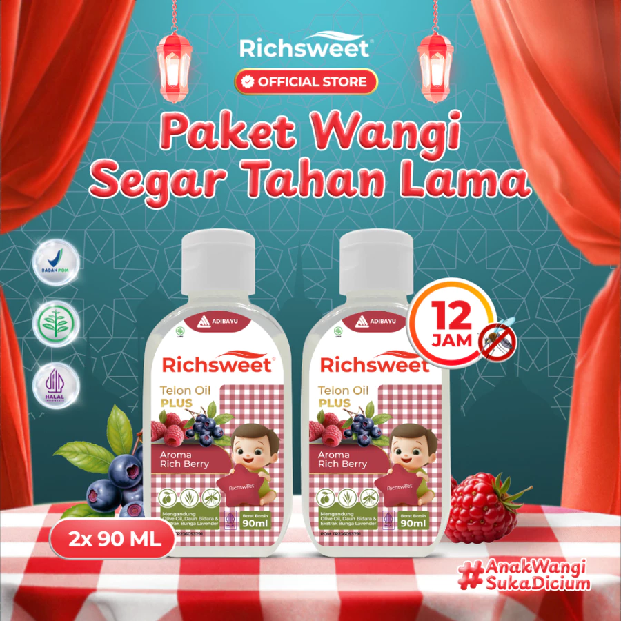 Richsweet Minyak Telon Plus Aroma Rich Bery 90ml [2 BOTOL] | Perlindungan sampai 12 Jam Anti Nyamuk + Ekstrak Daun Bidara