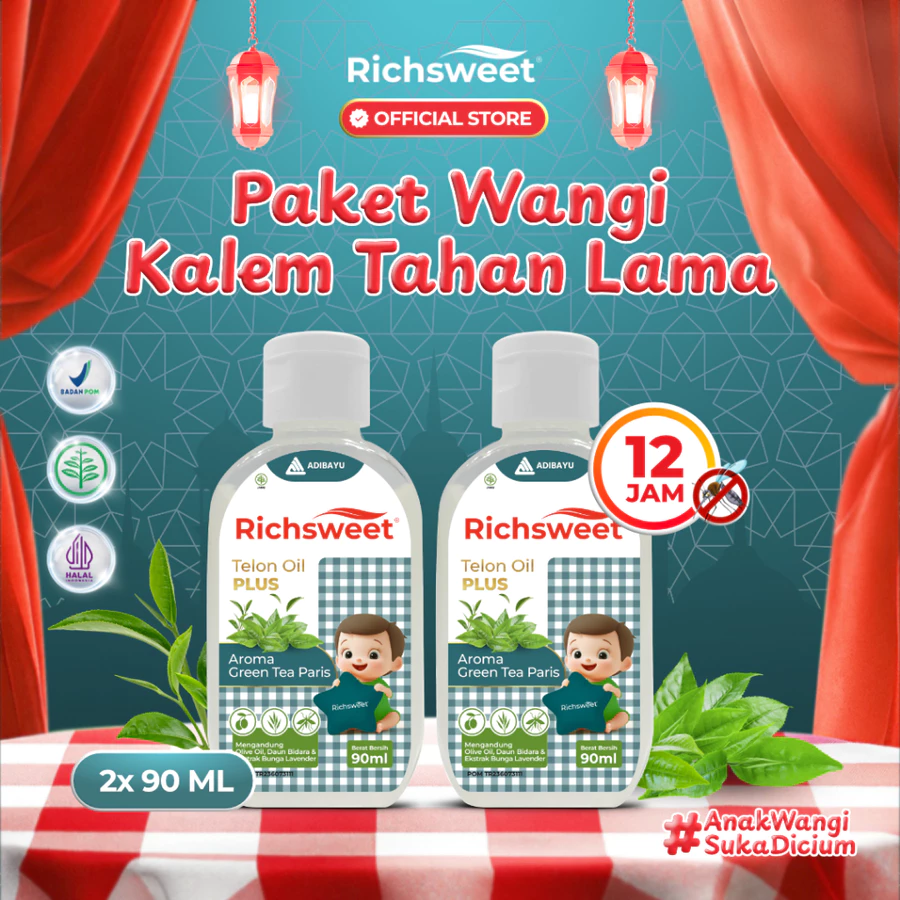 Richsweet Minyak Telon Plus Aroma Green Tea 90ml [2 BOTOL] | Perlindungan sampai 12 Jam Anti Nyamuk + Ekstrak Daun Bidara